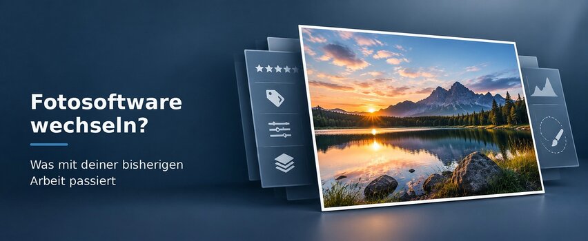 Fotosoftware wechseln: Foto mit Symbolen für Bearbeitungen und Metadaten