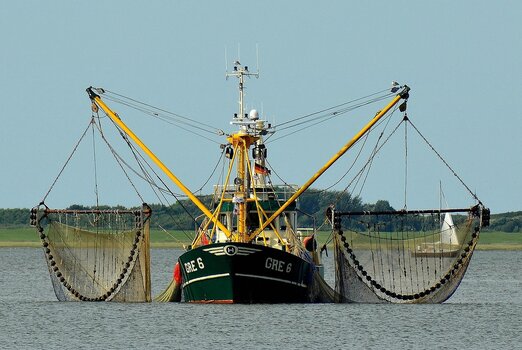 Fischkutter frontal mit symmetrischen Auslegern und seitlich ausgebreiteten Netzen