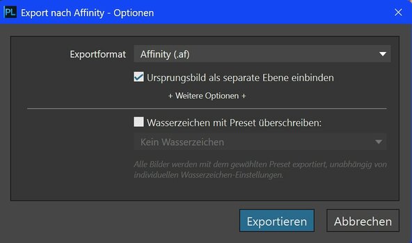 Export einer Aufnahme aus DxO PhotoLab 10.1 ins Affinity-Format