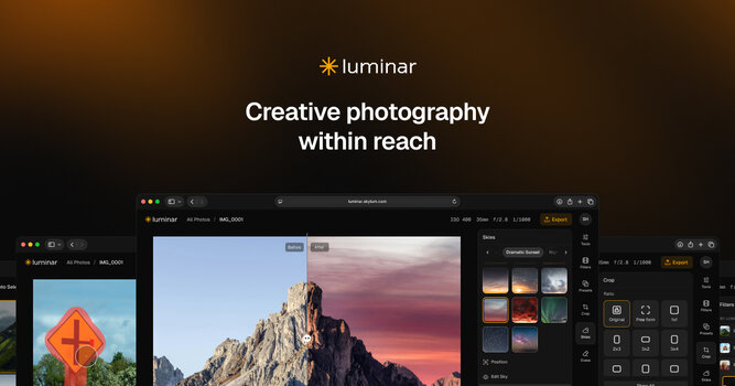 Benutzeroberfläche von Luminar on Web mit Werkzeugen zur KI-gestützten Bildbearbeitung im Browser. Benutzeroberfläche von Luminar on Web mit Werkzeugen zur KI-gestützten Bildbearbeitung im Browser.