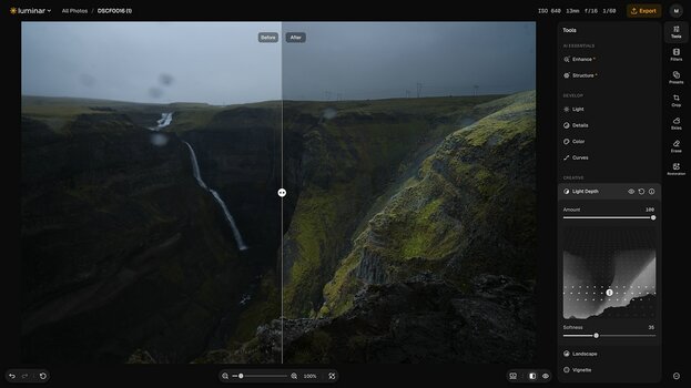 Luminar on Web zeigt die Light-Depth-Funktion zur gezielten Anpassung der Lichtwirkung in einer Landschaftsaufnahme Luminar on Web zeigt die Light-Depth-Funktion zur gezielten Anpassung der Lichtwirkung in einer Landschaftsaufnahme