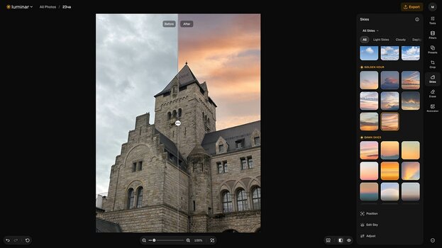 Himmelsaustausch in Luminar on Web mit einer Architekturaufnahme und verändertem Himmel. Himmelsaustausch in Luminar on Web mit einer Architekturaufnahme und verändertem Himmel.
