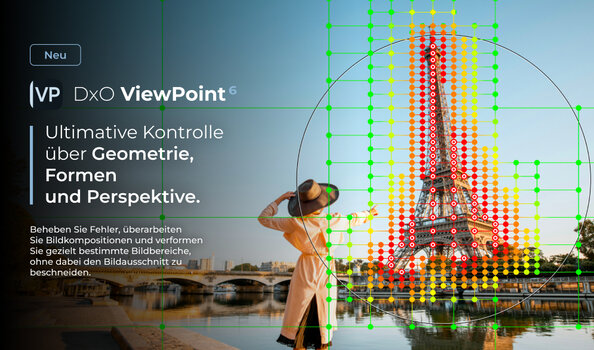 DxO ViewPoint 6 mit Bearbeitungsgitternetz über dem Eiffelturm in Paris.