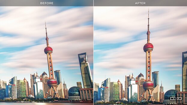 Vorher-Nachher-Vergleich der Skyline von Shanghai mit korrigierten stürzenden Linien in DxO ViewPoint 6.