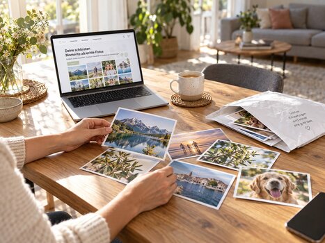 Frau betrachtet Fotoabzüge auf Premium-Fotopapier an einem Tisch mit Laptop und weiteren ausgedruckten Fotos. Frau betrachtet Fotoabzüge auf Premium-Fotopapier an einem Tisch mit Laptop und weiteren ausgedruckten Fotos.
