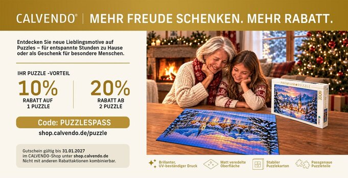 CALVENDO-Rabattaktion PUZZLESPASS: 10 % Rabatt auf ein Puzzle und 20 % ab zwei Puzzles, gültig bis 31. Januar 2027. CALVENDO-Rabattaktion PUZZLESPASS: 10 % Rabatt auf ein Puzzle und 20 % ab zwei Puzzles, gültig bis 31. Januar 2027.