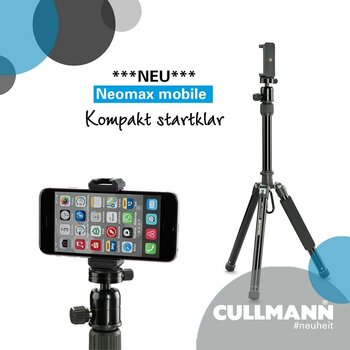 Produktbild: NEOMAX mobile Stativ mit Smartphonehalterung im Vordergrund, Logo und Schriftzug Cullmann und Neomax mobile Produktbild: NEOMAX mobile Stativ mit Smartphonehalterung im Vordergrund, Logo und Schriftzug Cullmann und Neomax mobile