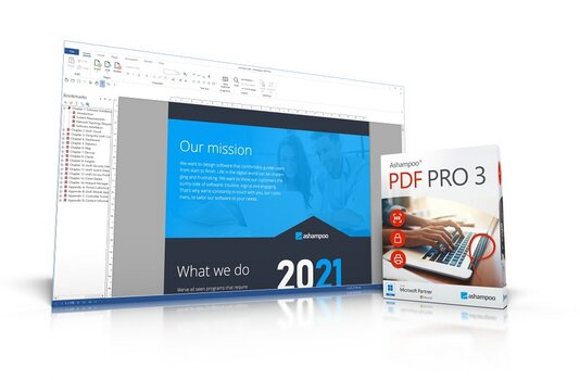 Produktbild: links Ashampoo PDF Pro 3 Screenshot, rechts Boxshot