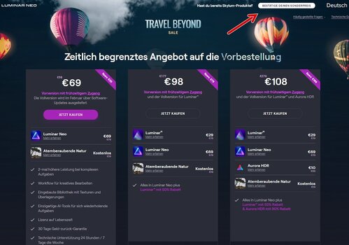 Grafik: Travel beyond Angebot Luminar NEO von Skylum für Luminarprodukte bis zum 31.01.2022