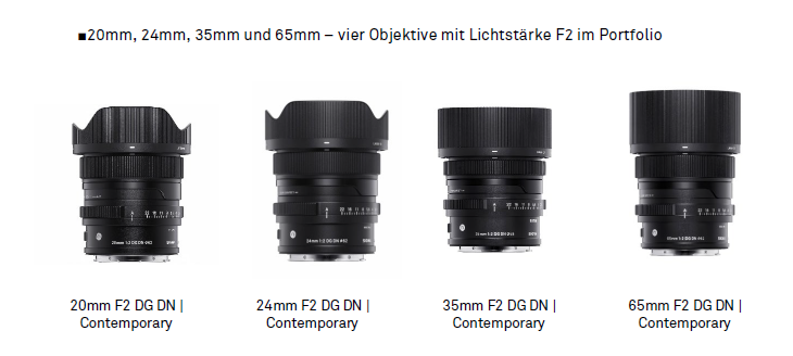 SIGMA I-Series v.l.n.r 20mm, 24mm, 35mm und 65mm mit Lichtstärke F2 SIGMA I-Series v.l.n.r 20mm, 24mm, 35mm und 65mm mit Lichtstärke F2