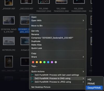 Screenshot: Schnellzugriff auf DxO PureRAW2 aus dem Dateimanager
