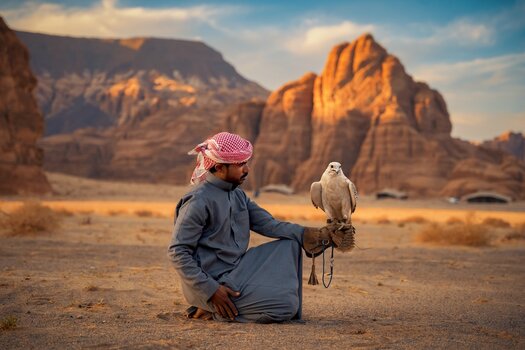 Mann mit Greifvogel auf der Hand in AlUla