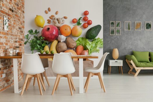 Fototapete im Esszimmer mit Gemüse und Früchten