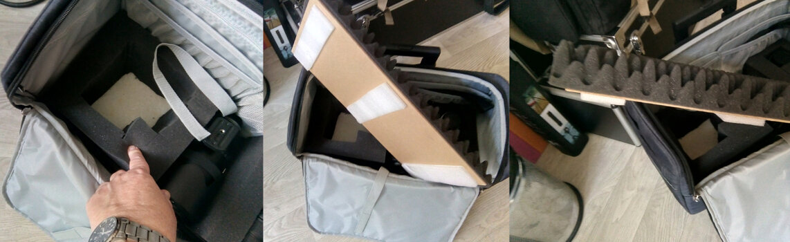 DIY Fototrolley drei Bilder nebeneinander: Einbau Schaumstoff, Beklebung Ablagefläche und Ablagefläche mit Noppenschaum