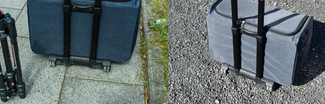 DIY Fototrolley links auf Gehweg, rechts auf Schotterweg