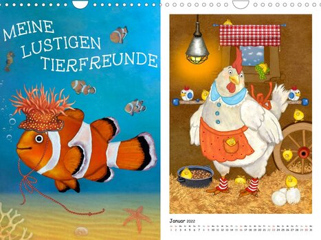 Collage aus 2 Bildern des Kinderkalenders Meine lustigen Tierfreunde von Marion Krätschmer