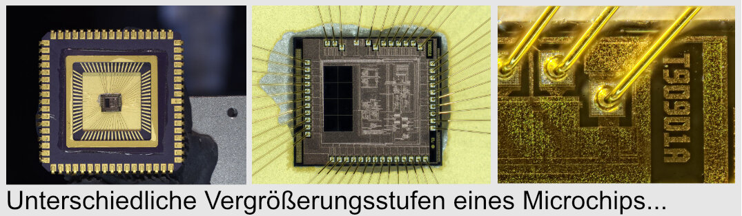 Makrofotografie: 3 unterschiedliche Vergrößerungsstufen eines Microchips nebeneinander