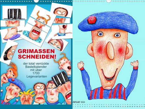 Collage aus 2 Bildern des Kalenders GRIMASSEN SCHNEIDEN! von Kathrin Schwertner Collage aus 2 Bildern des Kalenders GRIMASSEN SCHNEIDEN! von Kathrin Schwertner