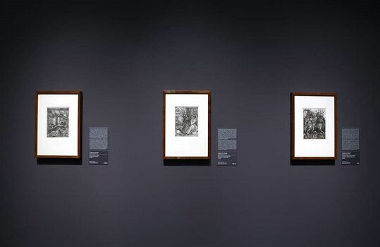 Beisoiel für Beschriftung: drei Dürer-Werke nebeneinander in einer Ausstellung