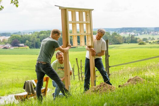 Drei Männer bauen eine Bienennisthilfe auf.