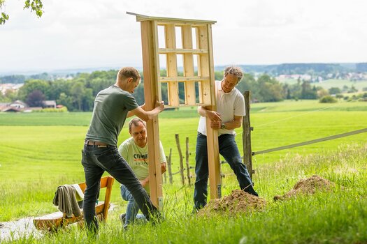 Drei Männer bauen eine Bienennisthilfe auf. Drei Männer bauen eine Bienennisthilfe auf.