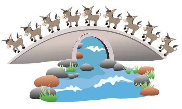 Comiczeichnung: 9 Esel laufen über eine Brücke Comiczeichnung: 9 Esel laufen über eine Brücke