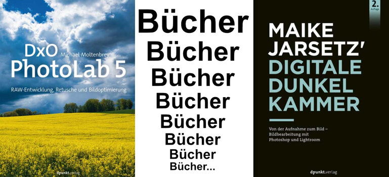 links Buchcover DxO PhotoLab5, rechts Buchcover Digitale Dunkelkammer von Maike Jarsetz