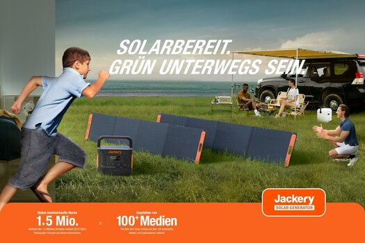 Werbegrafik Jackery Solargeneratoren: Menschen beim Camping Werbegrafik Jackery Solargeneratoren: Menschen beim Camping