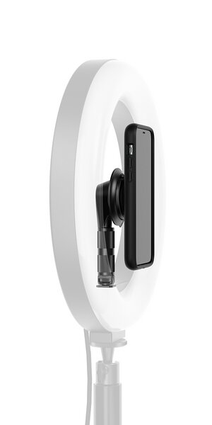 Grafik: Smartphone mit VACUUM screw base in einer Ringleuchte befestigt