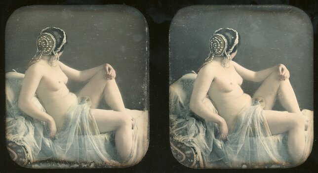 Bruno Braquehais, Odaliske, Paris um 1855, kolorierte Stereo-Daguerreotypie © Collection H.G
