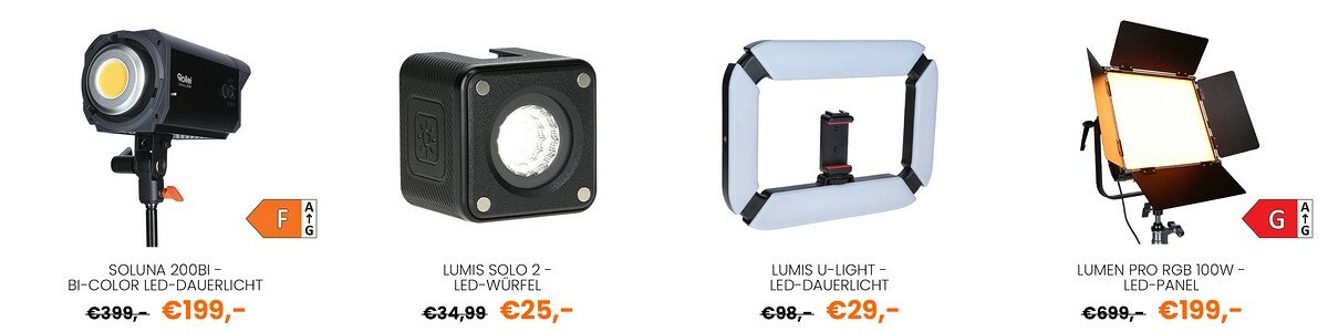 LED-Dauerlicht, LED-Würfel, LED-U-Light und LED-Panel nebeneinander, Beispiele für reduzierte Artikel