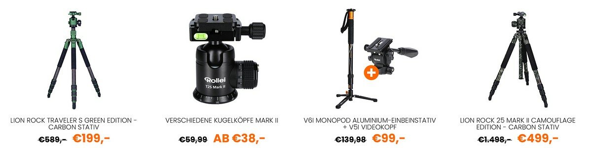 Lion Rock Stativ, Kugelkopf, Monopod mit Videokopf, Lion Rock Stativ nebeneinander, Beispiele für reduzierte Artikel