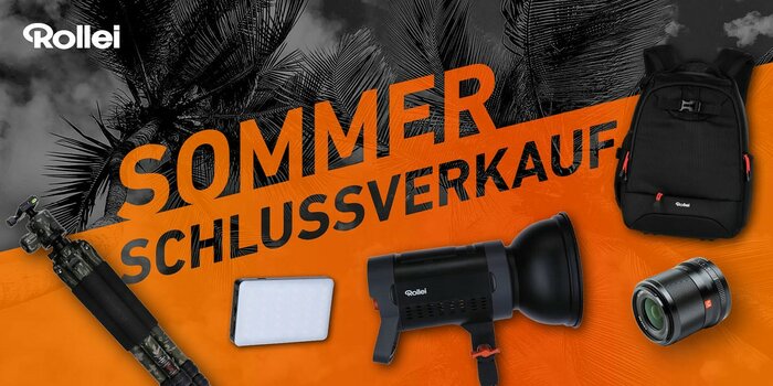 Grafik Sommerschlussverkauf Rollei mit Abbildungen von Stativ, 2 LED-Lichtern, Objektiv, Fotorucksack  