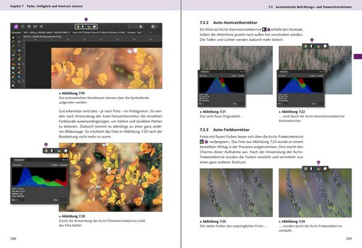 Seiten 398 und 399 aus dem Buch Affinity Photo. Das umfassende Handbuch: Farbe, Helligkeit und Kontrast steuern mit Beispielbildern und Histogrammen