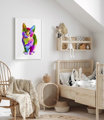 Kinderzimmer mit großem Katzenbild in Hochformat Kinderzimmer mit großem Katzenbild in Hochformat