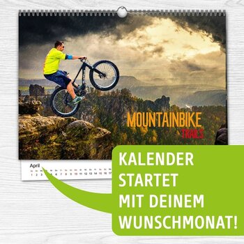 Kalender mit Mountainbiker auf dem Titelbild plus Schrift Kalender startet mit deinem Wunschmonat.