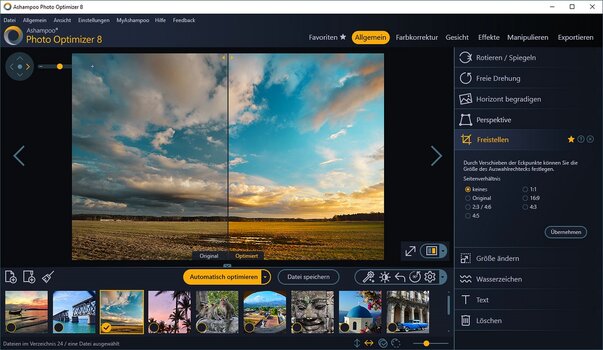 Screenshot Photo Optimizer 8, automatische Bildkorrektur mit vorher-nachher-Vergleich