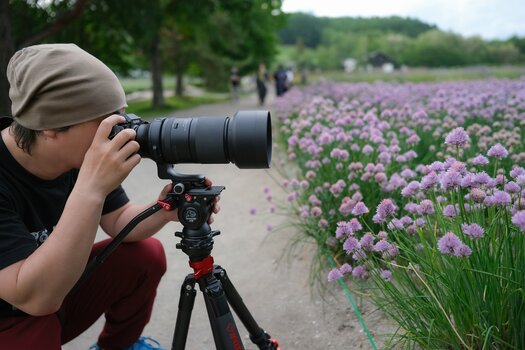Fotograf(in) bei Makroaufnahme von Blumen oder blühenden Gräsern mit dem TAMRON 150-500mm F/5-6.7 Di III VC VXD an X-Mount-Kamera auf Stativ Fotograf(in) bei Makroaufnahme von Blumen oder blühenden Gräsern mit dem TAMRON 150-500mm F/5-6.7 Di III VC VXD an X-Mount-Kamera auf Stativ