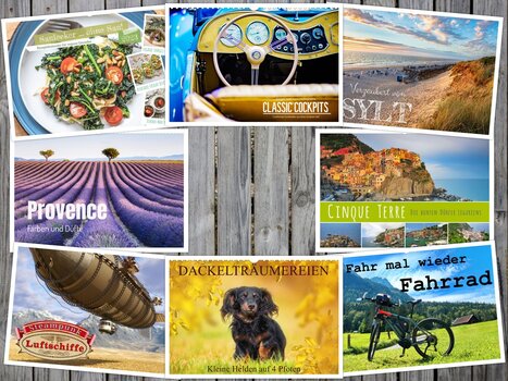 Collage aus Kalenderbildern mit Fahrrad, Dackel, Lavendelfeld, Zeppelin, Essen, Sylter Strand, Autoarmaturen