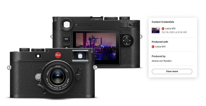 Beispiel für Contentangaben (rechts) im Bild einer Leica M11 (Kamera links im Bild) Beispiel für Contentangaben (rechts) im Bild einer Leica M11 (Kamera links im Bild)