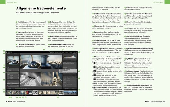 Seiten 28 und 29 aus dem Buch Lightroom Classic, Allgemeine Bedienelemente auf einen Blick