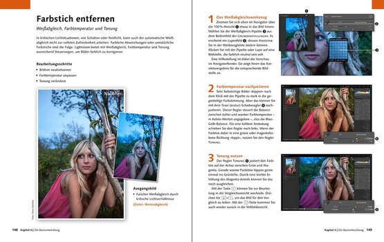 Seiten 148 und 149 aus dem Buch Lightroom Classic. Die Basisentwicklung - Farbstich entfernen