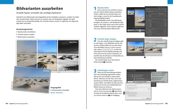 Seiten 194 und 195 aus dem Buch Lightroom Classic. Entwicklungsworkflow - Bildvarianten ausarbeiten