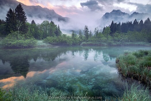 Wasser mit Spiegelung der Landschaft am anderen Ufer im Nebel