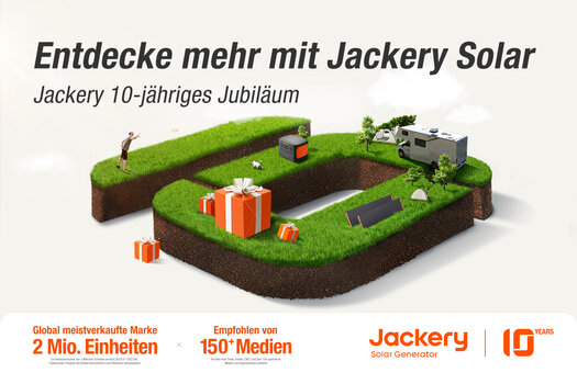 Grafik zum 10. Geburtstag von Jackery mit der aus Rasenfläche gebildeten Zahl 10 und mehreren Produkten von Jackery.