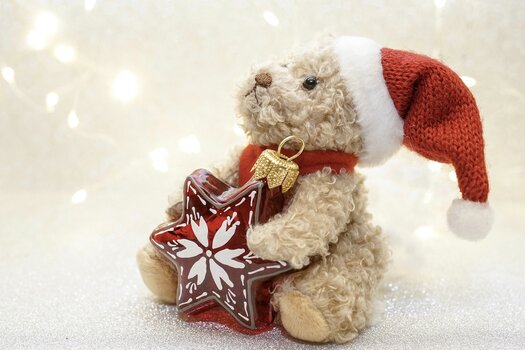 Teddybör mit roter Eihnachtsmütze und Schal hält einen Weihnachtssternanhänger in den Armen. 