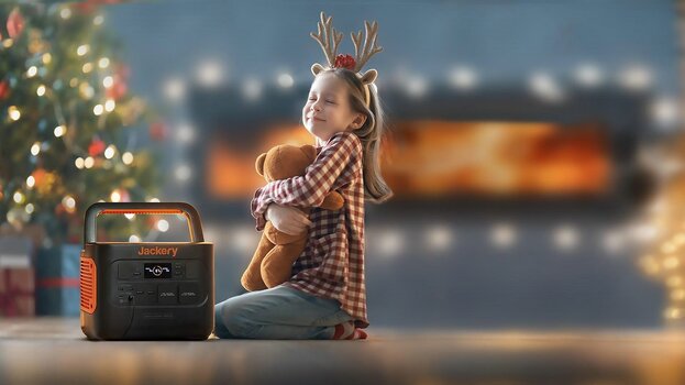 Mädchen mit Elchhaarschmuck kniet auf dem Boden, neben ihr ein Jackery Explorer. Sie hält ihren Teddybären fest im Arm, hat die Augen geschlossen und lächelt. Links im Hintergrund steht ein geschmückter Weihnachtsbaum Mädchen mit Elchhaarschmuck kniet auf dem Boden, neben ihr ein Jackery Explorer. Sie hält ihren Teddybären fest im Arm, hat die Augen geschlossen und lächelt. Links im Hintergrund steht ein geschmückter Weihnachtsbaum