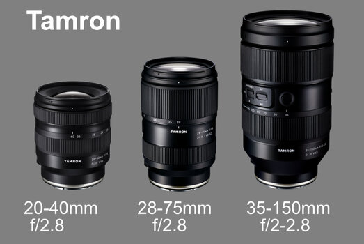 Abb. nebeneinander: Tamron 20-40mm f/2-8, 28-75mm f/2.8 und 35-150mm f/2-2.8