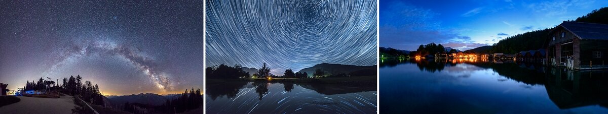 Fotocollage aus 3 Bildern: Nacht und Sternentrail-Fotografie im Berchtesgadener Land