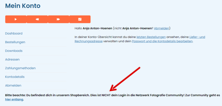 Screenshot Kontoseite Netzwerk Fotografie Shop